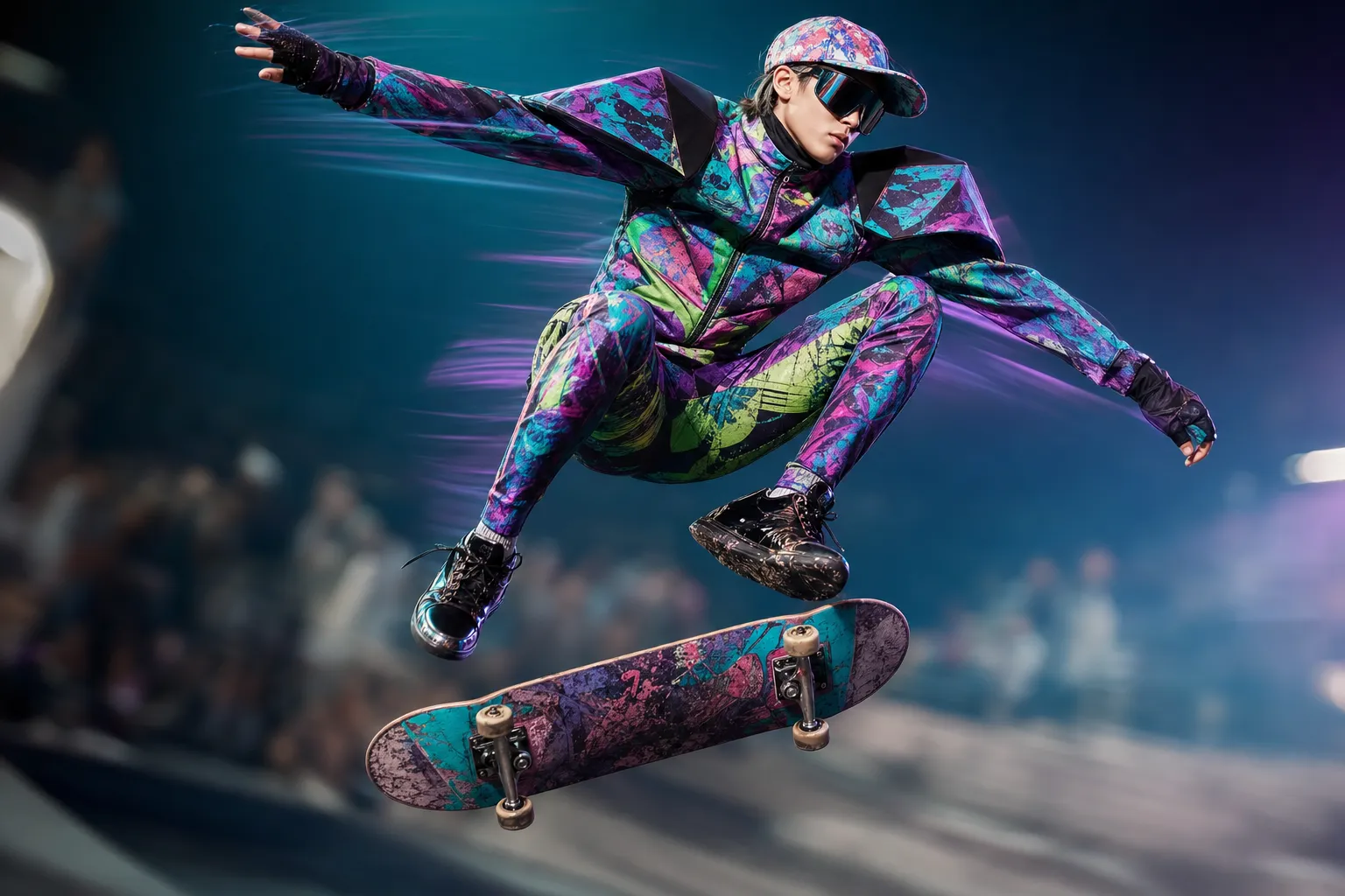Skateboarder frozen mid-jump in colourful avant-garde wear